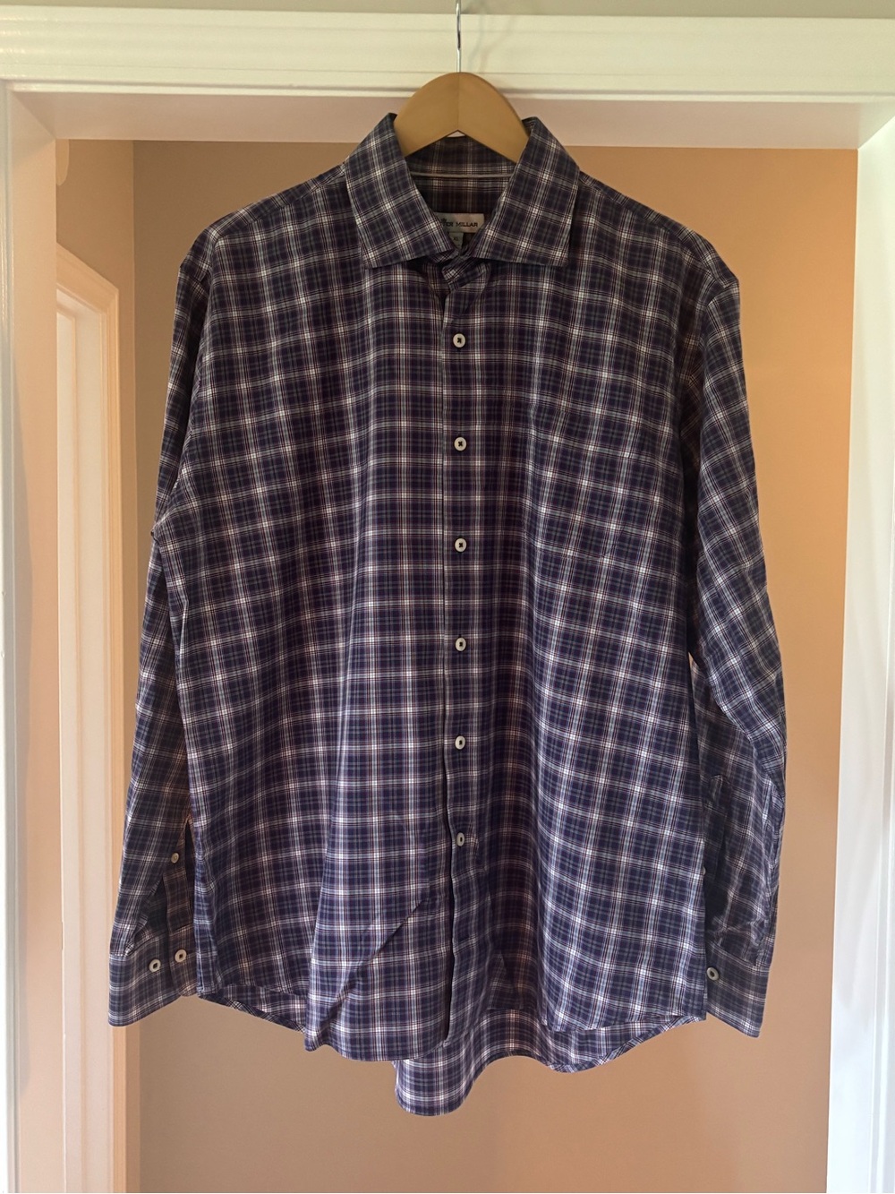 Peter Millar Navy and White Plaid Button-Down Shirt